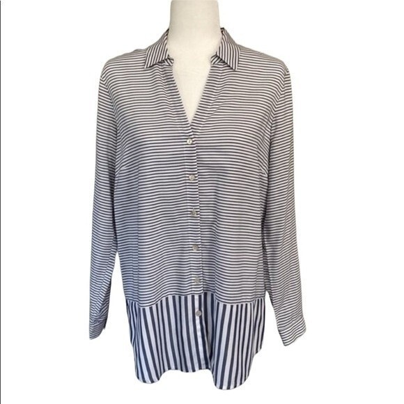J Jill Stripe Button Front Peplum Tunic Top Blouse Oversized V-Neck Long Sleeve - Picture 2 of 13